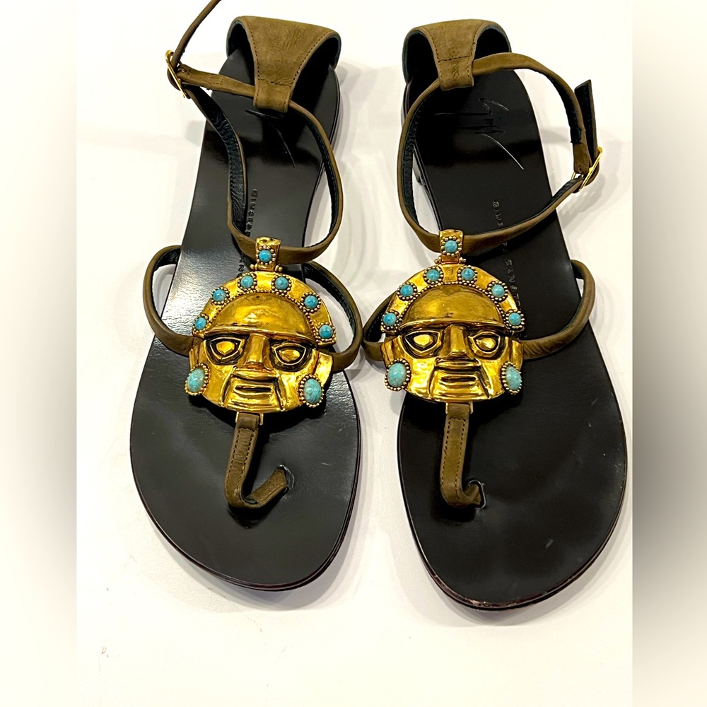 Giuseppe Zanotti Gold and Turquoise Mask Medallion Sandal